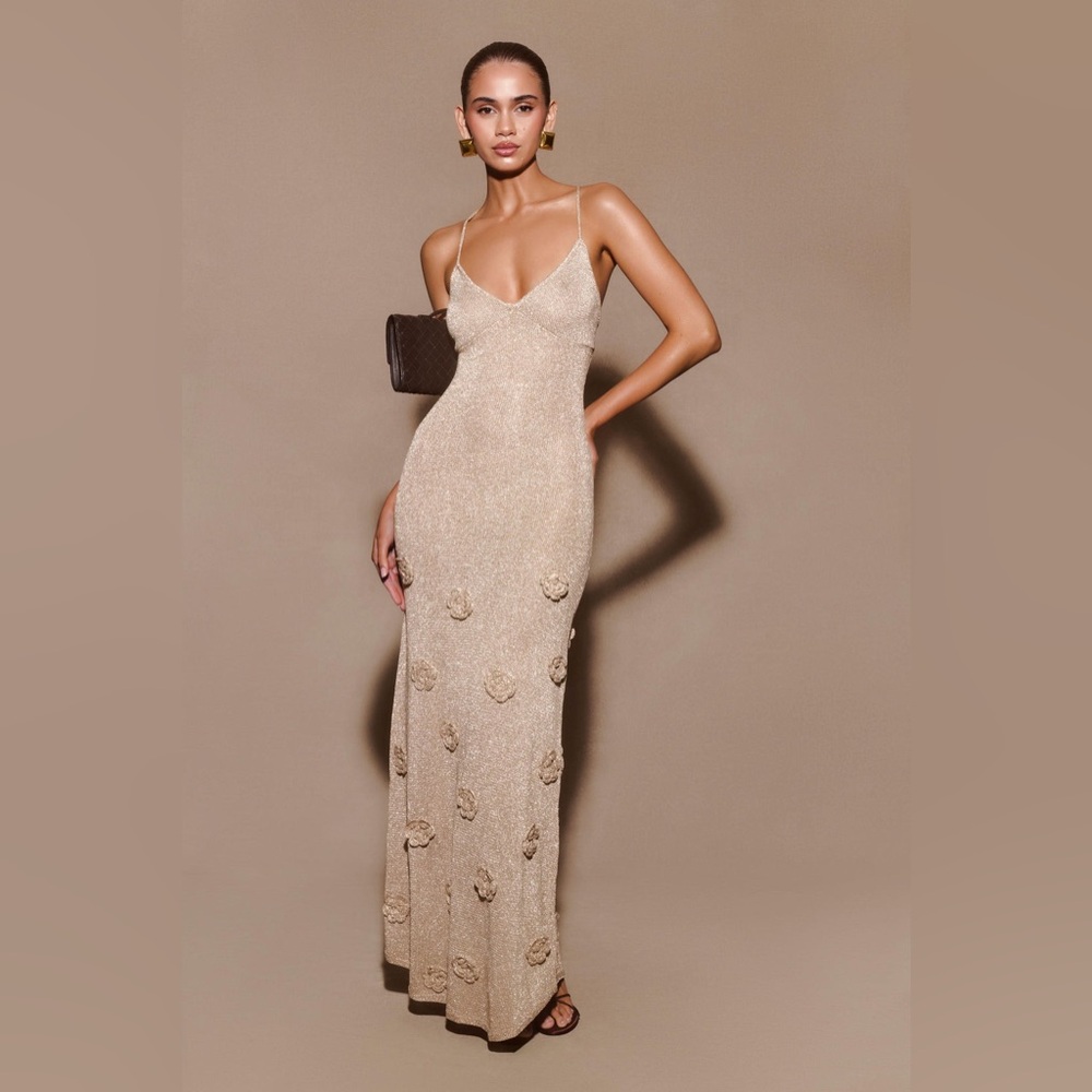 NWT Sold Out Meshki Suki Knit Maxi Dress Flowers Gold Sz M